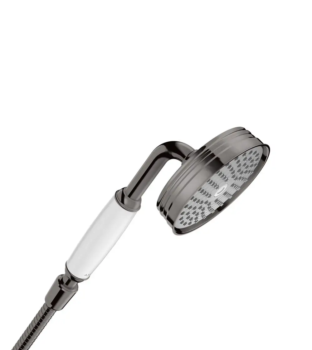 Handbrause mit einem runden Kopf, schwarzem Chromfinish und einem schlanken, weißen Griff. Sie gehört zur AXOR Produktlinie und eignet sich für moderne Badezimmer.